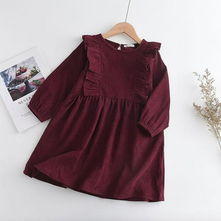 

THE WILD Girls Dresses Casual Ruffled Curved Hem Solid Color O-Neck Long Sleeve Midi Girls Dresses Red