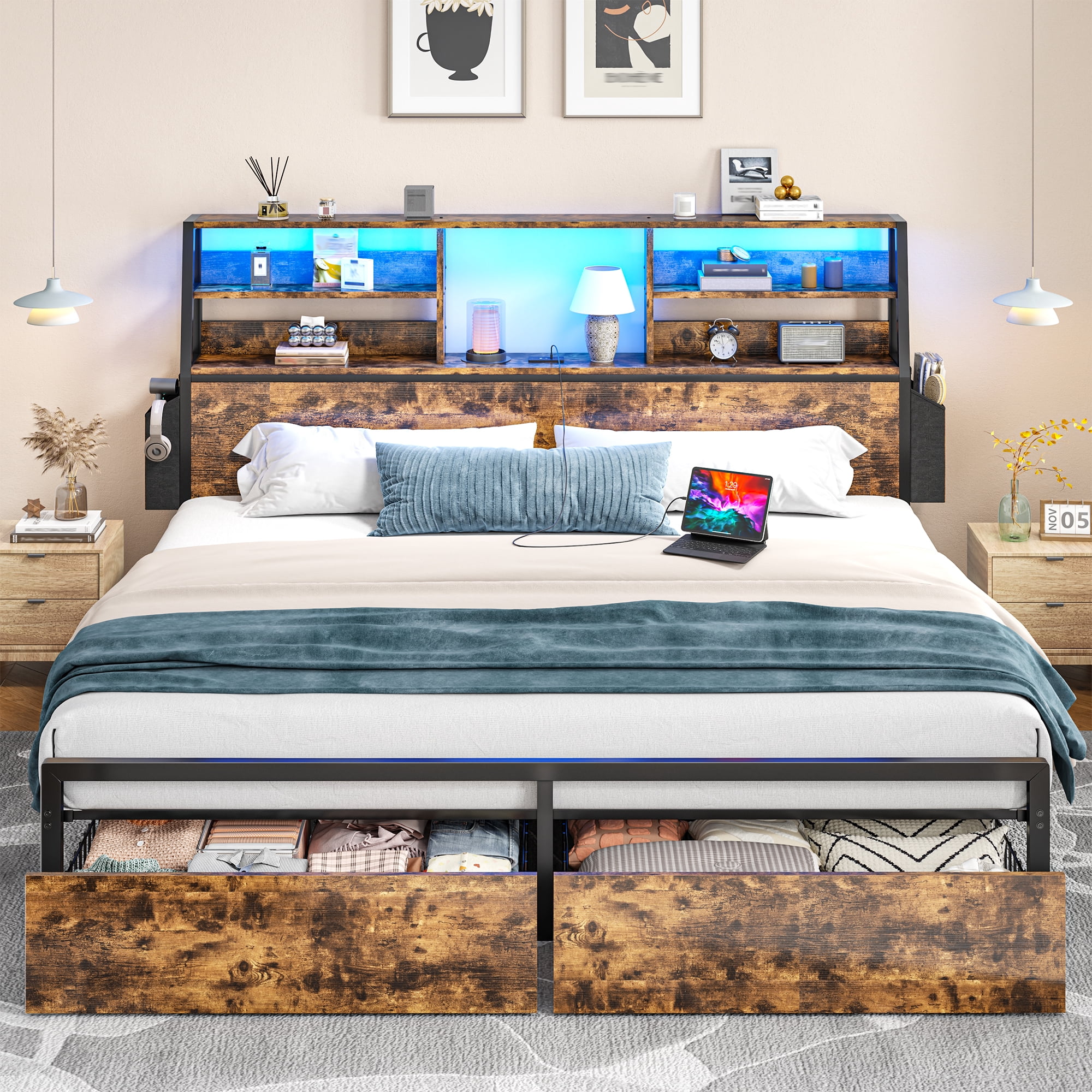 EnHomee Metal Bed Frame with 3-Tier Storage Headboard King Size Metal Bed Frame with 2 Underbed Drawers & 2 Bedside Fabric Drawers & LED Lights & Charge Station,Rustic Brown