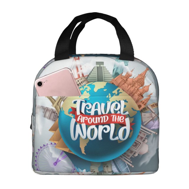 Easygdp Travel Around The World Bolsa Térmica Premium - Tela Oxford Impermeable, Gran Capacidad, Bolsillo Frontal, Unisex para Trabajo, Escuela, Actividades al Aire Libre y Picnics