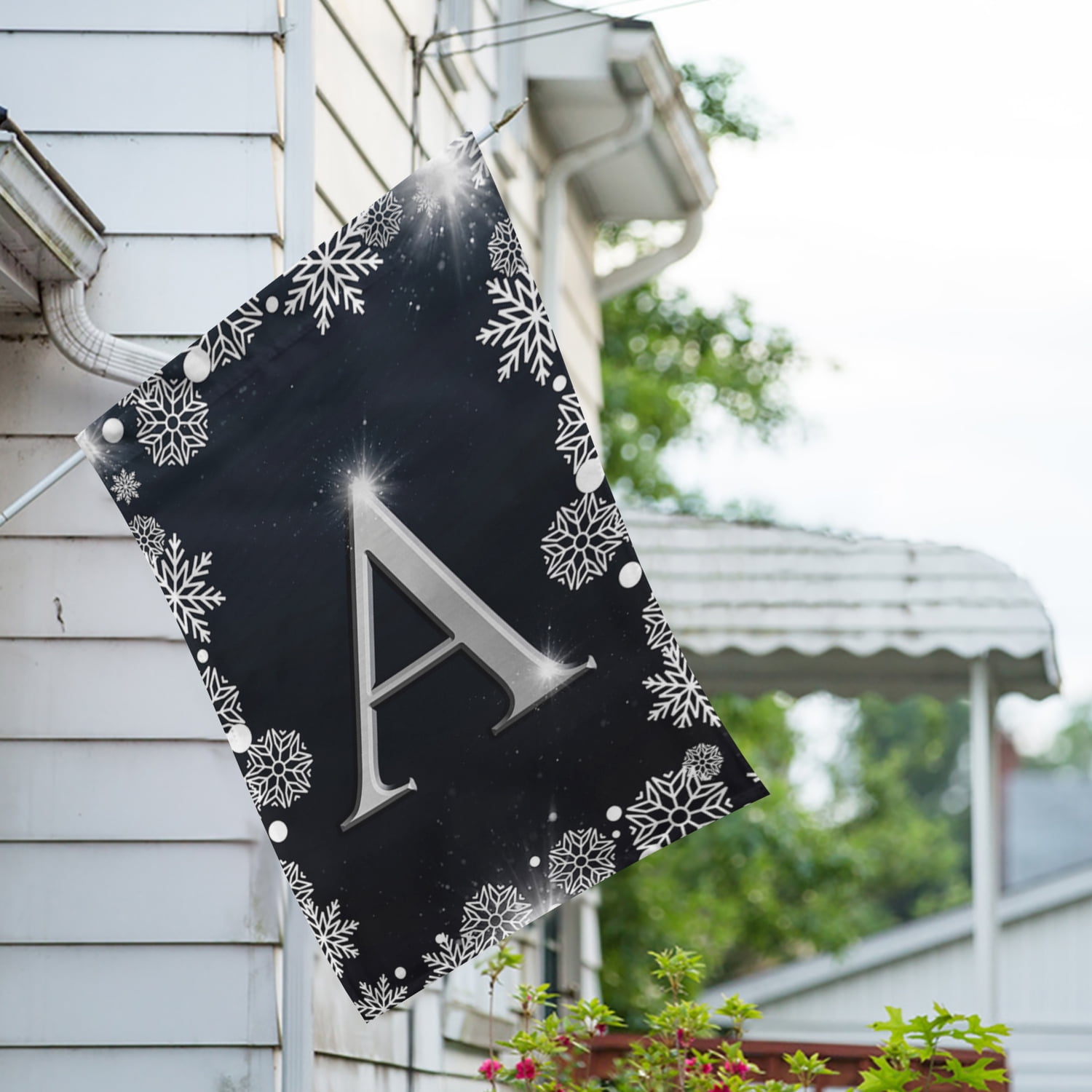 America Forever Winter Monogram Letter A House Flag Vertical Double Sided 28 x 40 inches Christmas Holiday Seasonal Flags for Outdoor, Yard, Porch Decoration, Silver Snowflakes Decoration