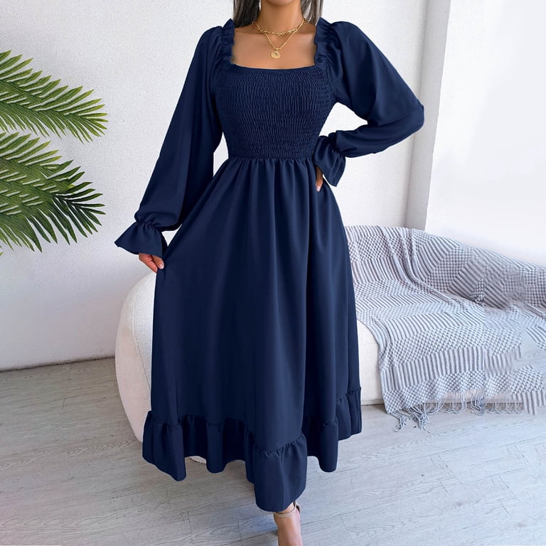 long sleeve maxi swing dress Women Long Sleeve Dress Button Down Maxi Swing Dress Cocktail Work Dress Blue S
