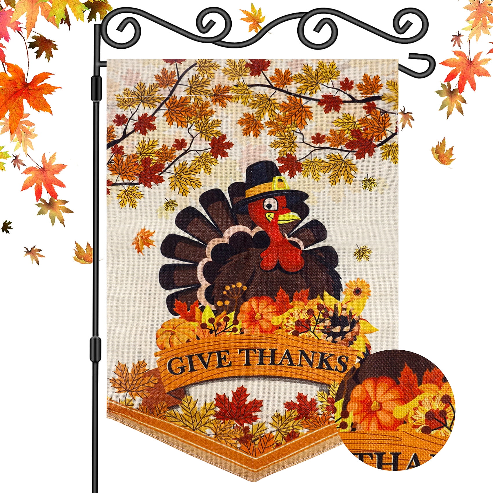 Huryfox Thanksgiving Garden Flag - Double Sided Give Thanks Fall Signs Turkey Applique Thankful Garden Decor