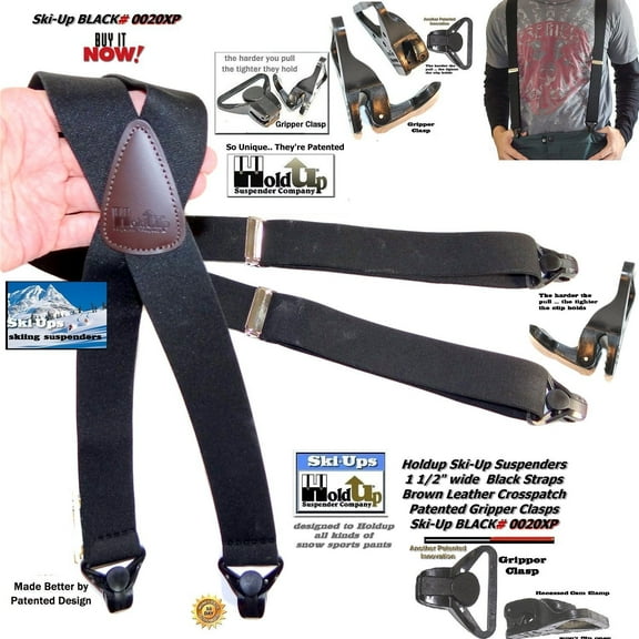 Holdup Brand Black Ski-Up  X-back Suspenders with USA Patented Gripper Clasps