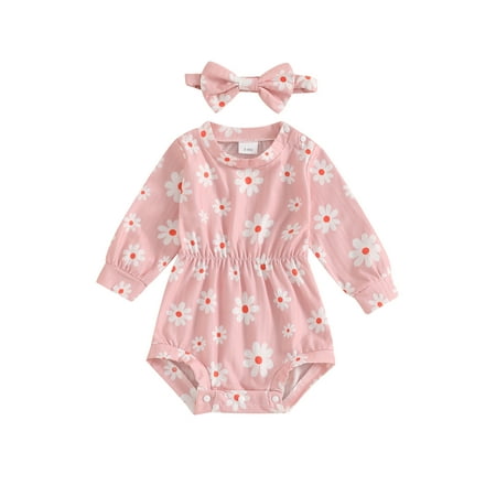 

Bmnmsl Baby Girls Rompers Daisy Print Round Neck Bodysuits with Headband