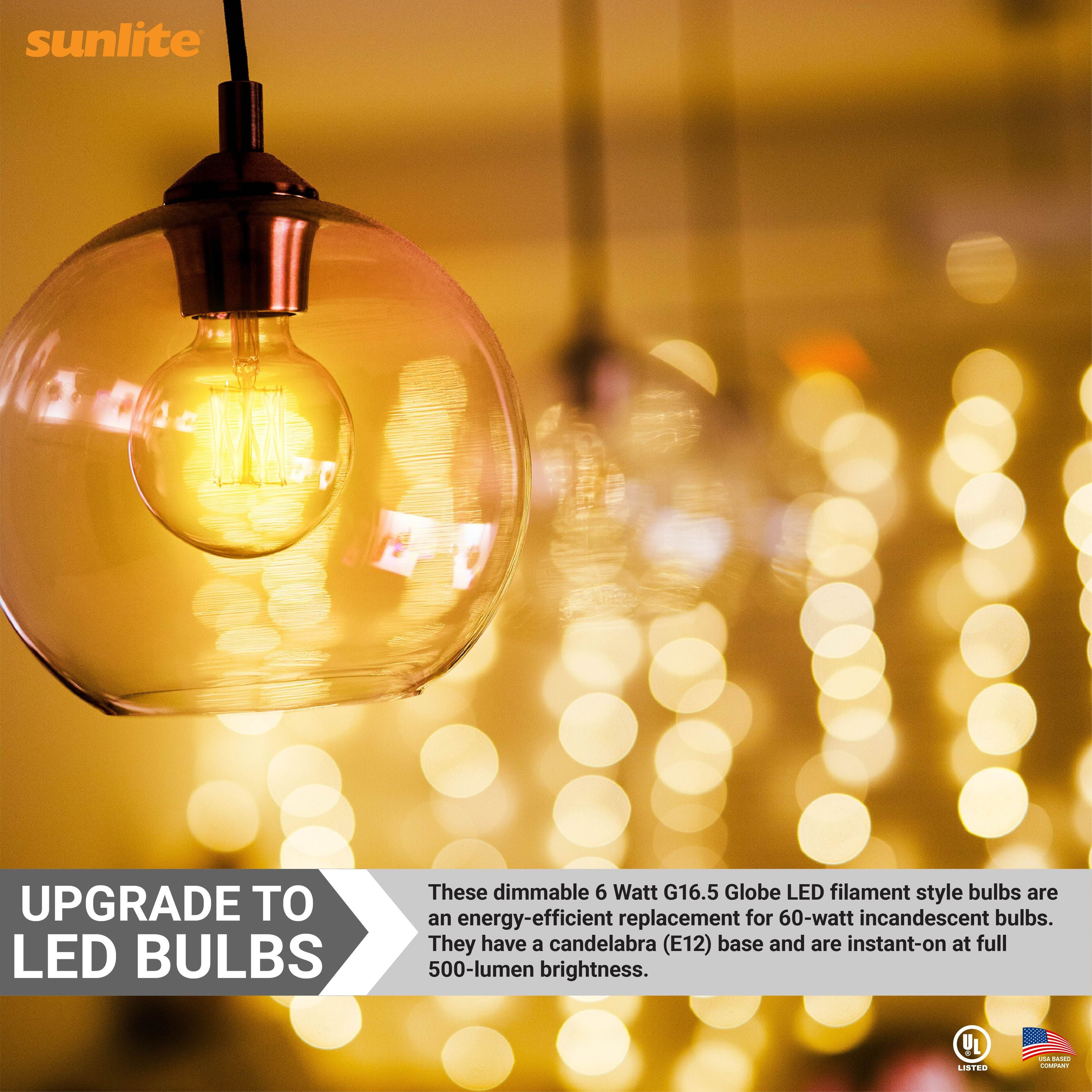 Sunlite 81145 LED G16.5 Filament Style Globe Light Bulb, 6 Watts (60W Equivalent), 500 Lumens, 120V, Dimmable, Candelabra Base (E12), 90 CRI, UL Listed, Title-20 Compliant, 3000K Warm White, 6 Pack