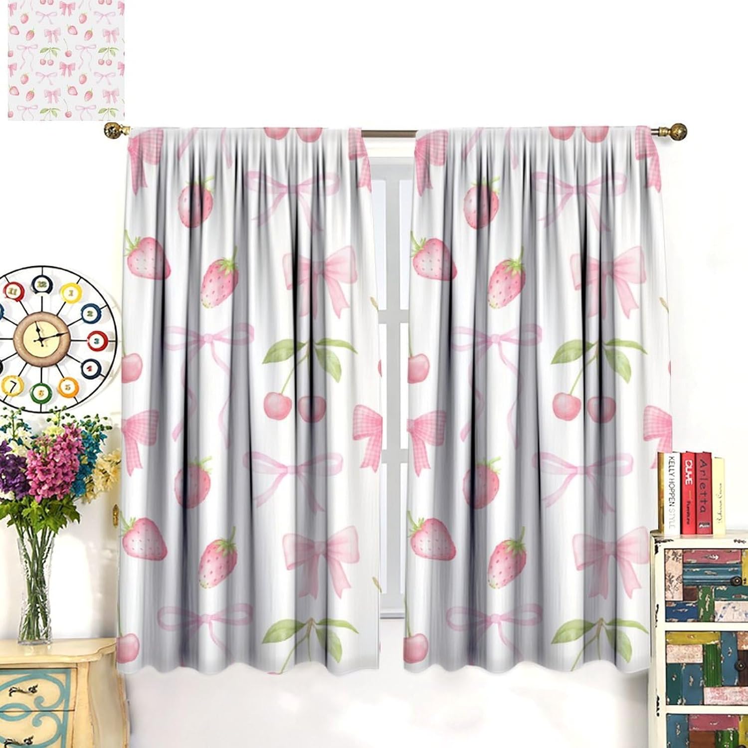 Cute Pink Bow Curtains, Watercolor Aesthetic Pink Strawberries Cherries Pastel Ribbon Bow Rod Pocket Window Drapes Treatments for Girls Children''s Bedroom, 63" W X 63" L