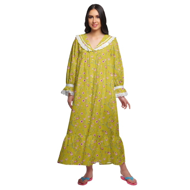 Moomaya Robe de Nuit Maxi à Manches Longues Imprimée Boutonnée en Coton