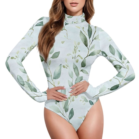joogoo Watercolor Leaf Women's Mock Turtle Neck Long Sleeve Bodysuit L