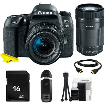 Canon EOS 77D DSLR Camera with 18-55mm IS STM & 55-250 IS STM Lenses + SD Card + Buzz-Photo Beginners