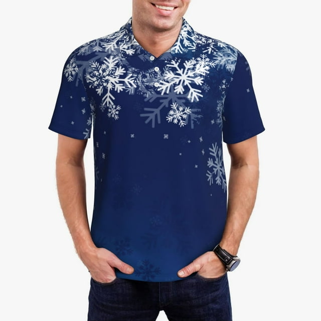 Gaeub Polo de Noël à Imprimé Bleu pour Hommes, Manches Courtes, Performance de Golf, Extensible, Décontracté, Été, Plage - Grand