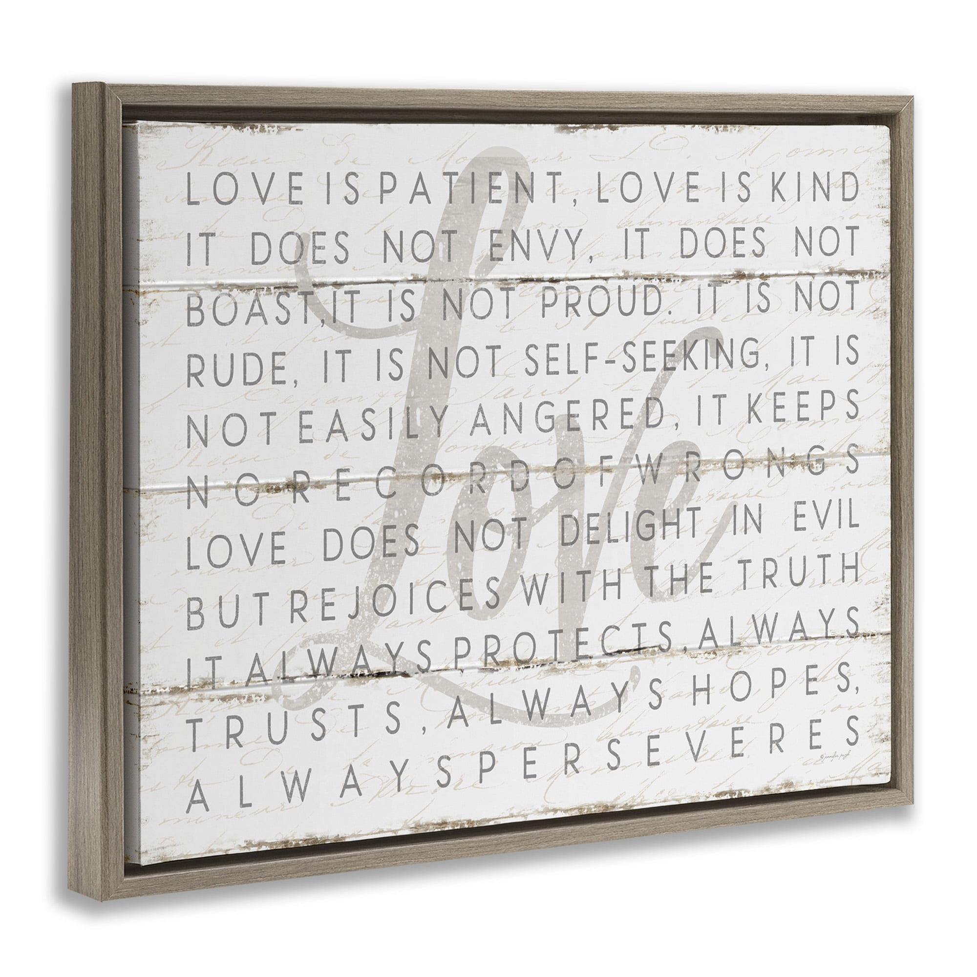 Stupell Industries Love Is Patient Grey on White Planked Look Landscape Painting Brown Floater Framed Canvas Art Print Wall Art, 31 x 25