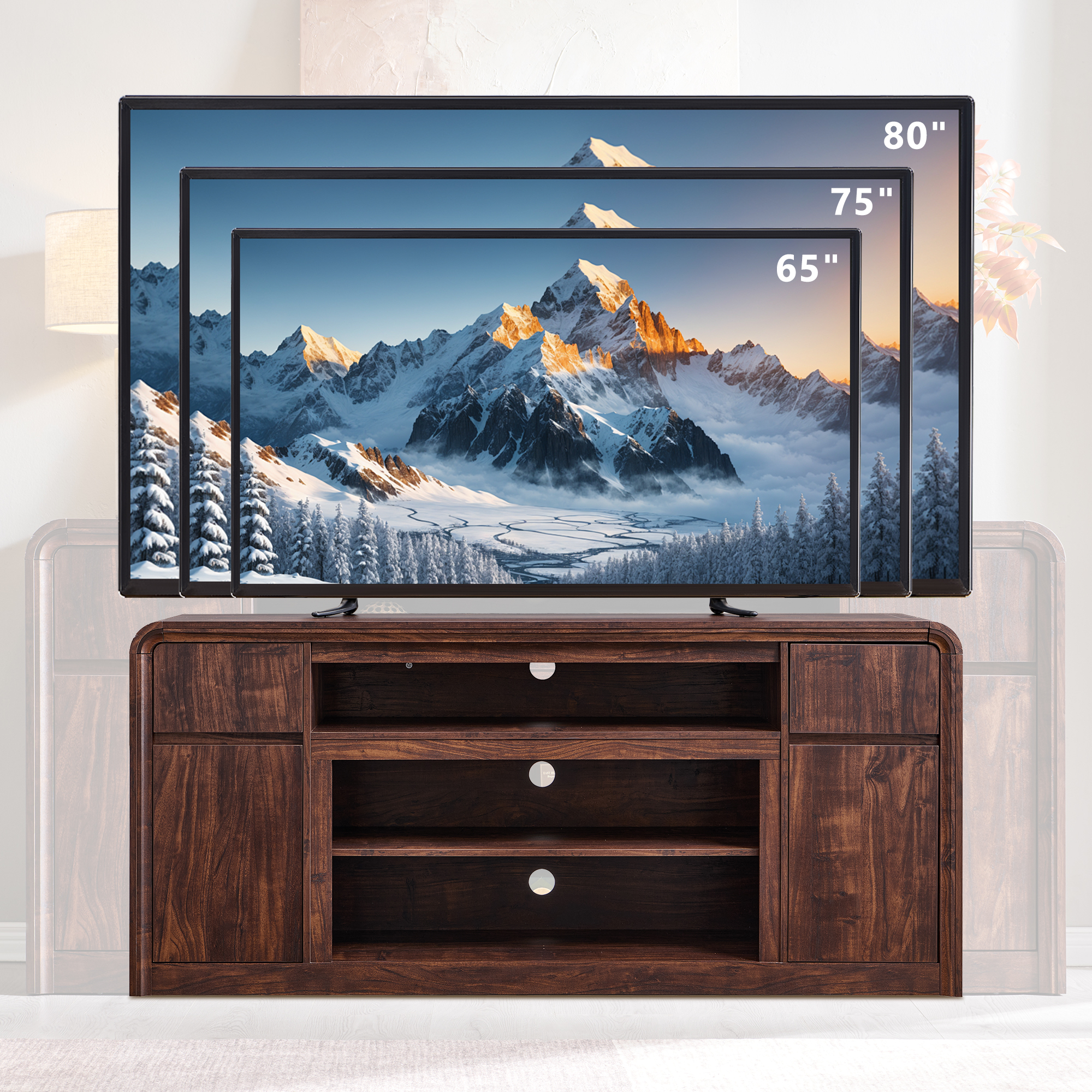 70" Modern TV Stand for TVs Up to 80 inch, 32" Tall Entertainment Center, Wood Media Console & Adjustable Shelves for Living Room, Curved Profile Design