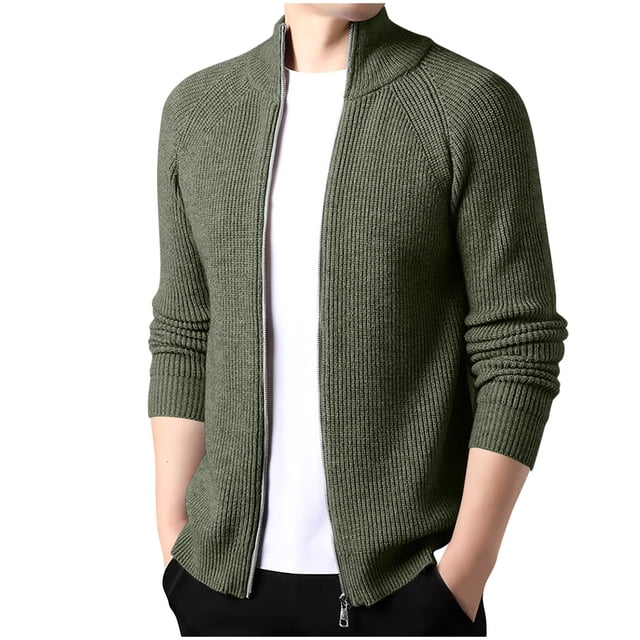 LOVZFMLL Men's Sweaters, Solid Color V-Neck Ribbed Cardigan, Casual Mandarin Collar Zipper Outerwear Jacket, Warm Winter Tops, Fall Clothes