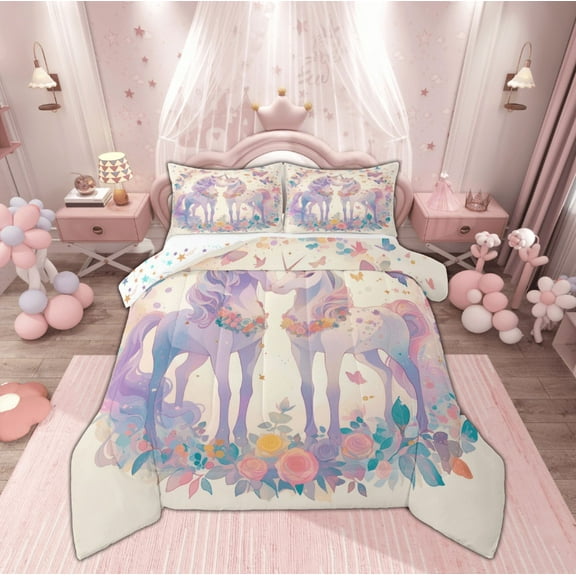 Manfei Purple Unicorn Bedding Comforter Set for Kids, Dreamy Butterfly Animal Twin Comforter Sets, Garden Floral Flower Reversible Bedding Set, Luxury Bedroom Decor, 2 Pieces