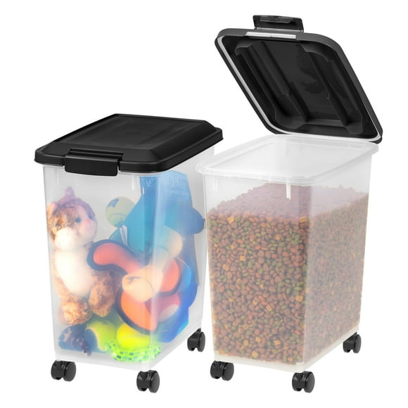 IRIS USA Dog Food Storage Container, 2 Pack, Up to 13.6 Kg Each, Airtight Seal for Freshness, Wheels for Rolling, Easy One Hand Opening, Made in USA, BPA Free, Clear/Black