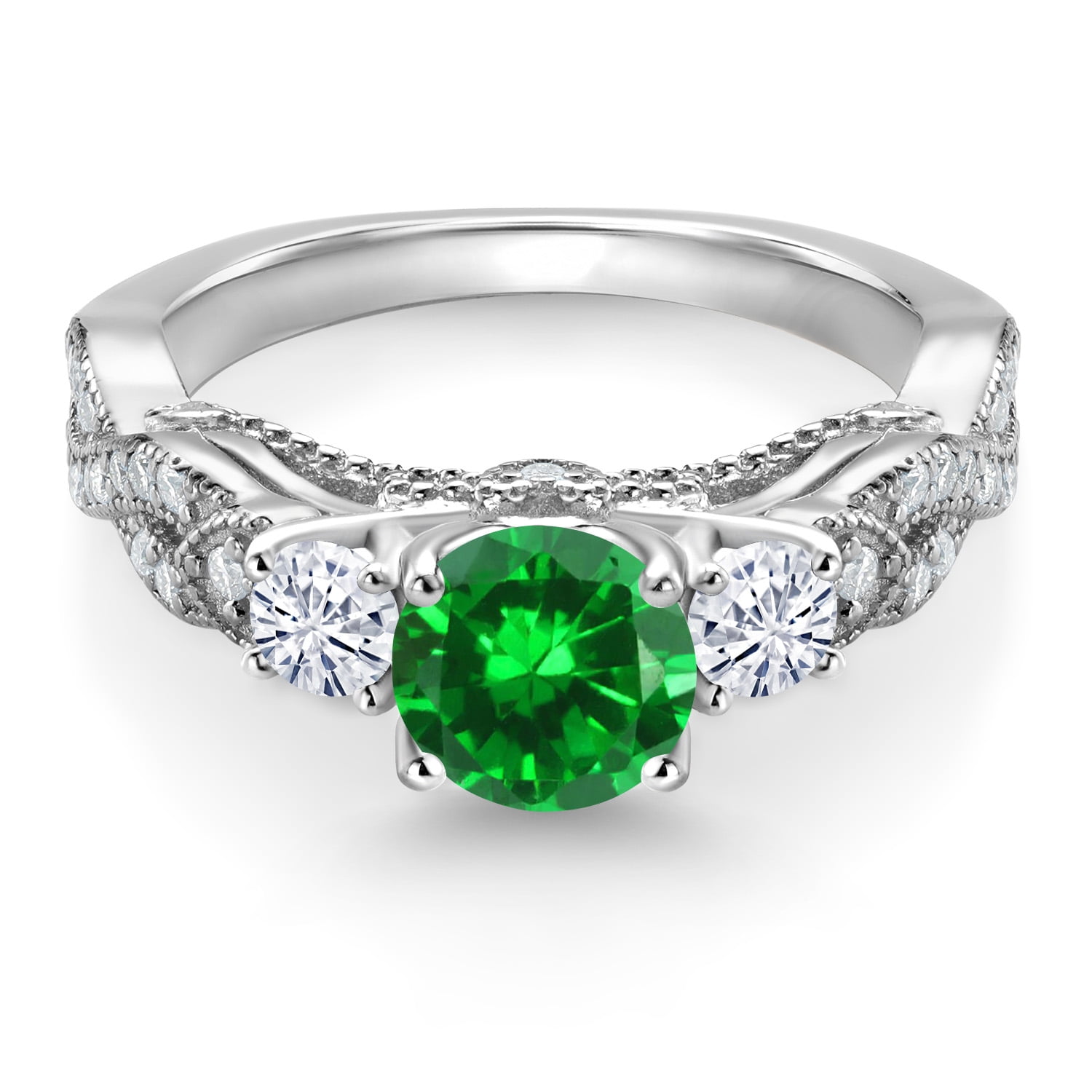 Gem Stone King 925 Sterling Silver Green Created Emerald and White Moissanite Engagement Ring for Women (1.47 Cttw, Gemstone May Birthstone, Round 6MM and 3MM, Size 8)