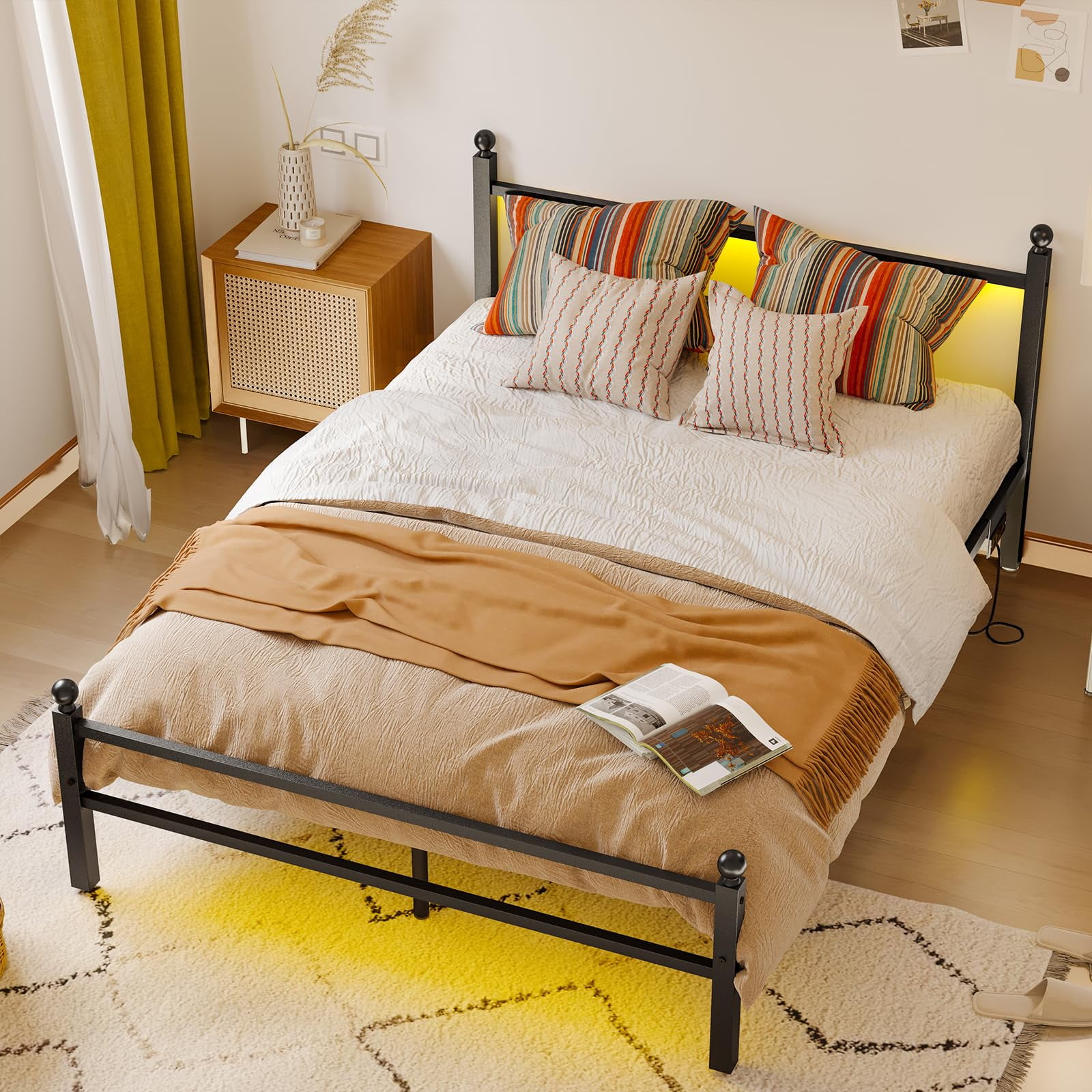 Fairy Full Size Bed Frame with Charging Station, Metal Frame with Power Outlet & Port, Black