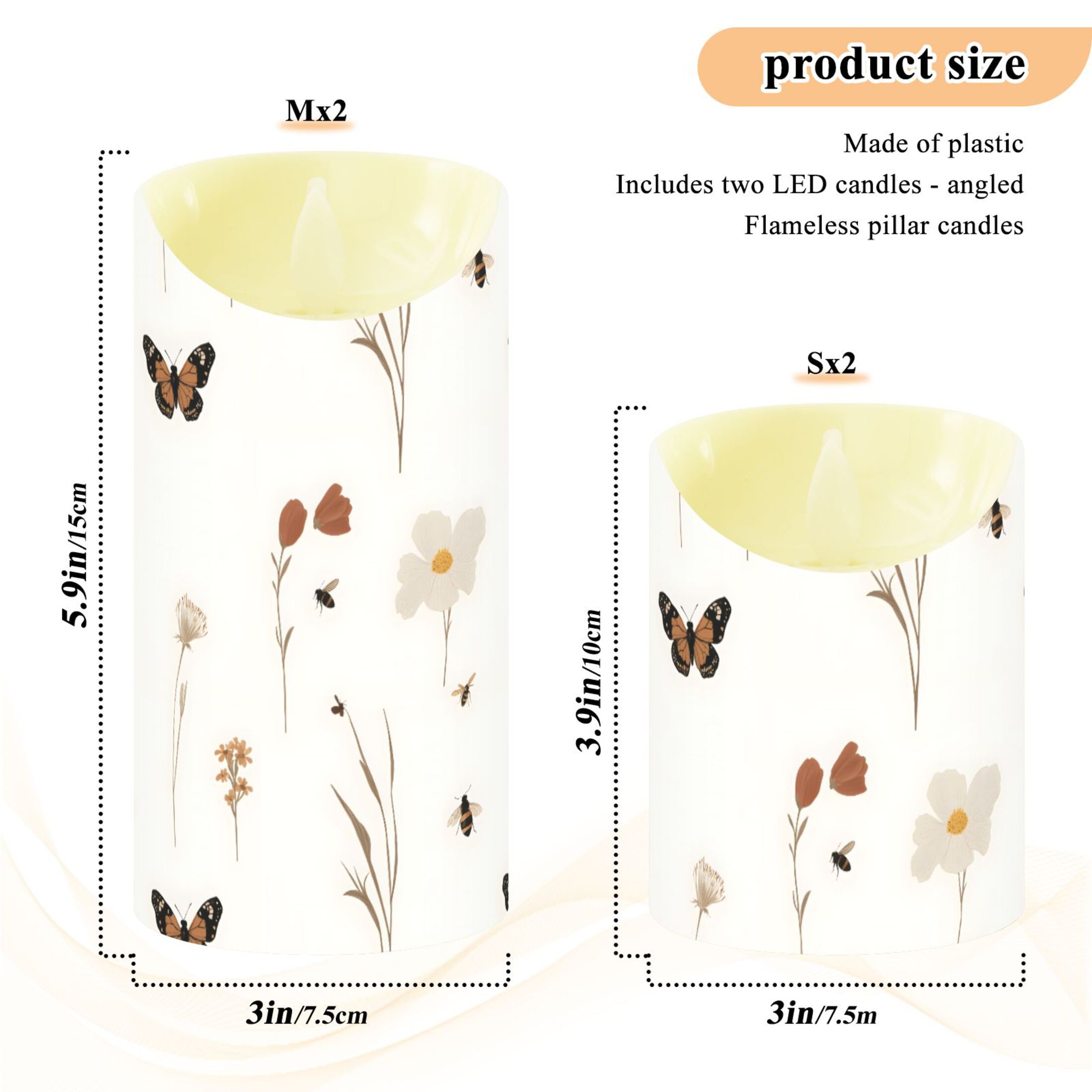 Wildflowers and Insects Flameless Candles 2 PCS with Remote Realistic Moving Flame LED Tapered Pillar Set for Home Decor