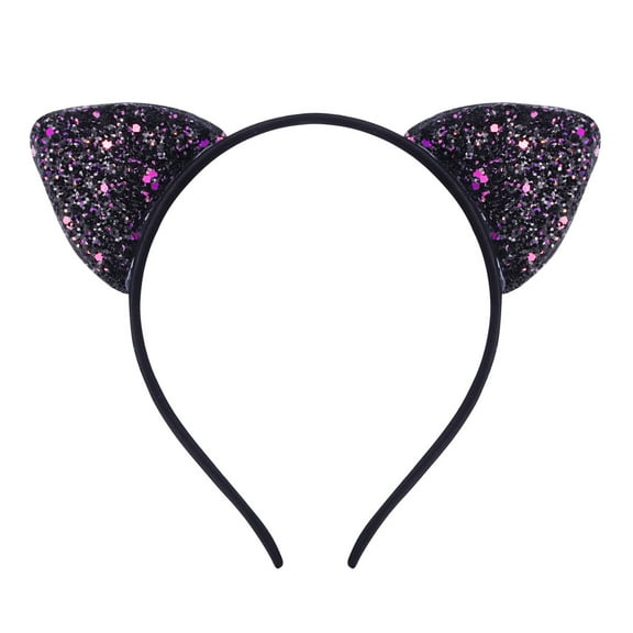 Xinwanna Girls Headband Glitter Sequins Non-slip Slim Flexible Heavy Duty Hairstyle Decoration Candy Color Cartoon Cat Ear Princess Hair Band Hair Accessories (Black)