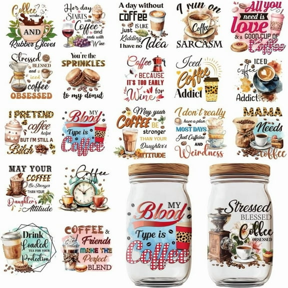 20 Pcs UV DTF Cup Wraps 10 Styles Love Coffee Rub on Decals Colorful Waterproof Transfer Stickers for 16 OZ Glass Cups Wood Crafts colorful