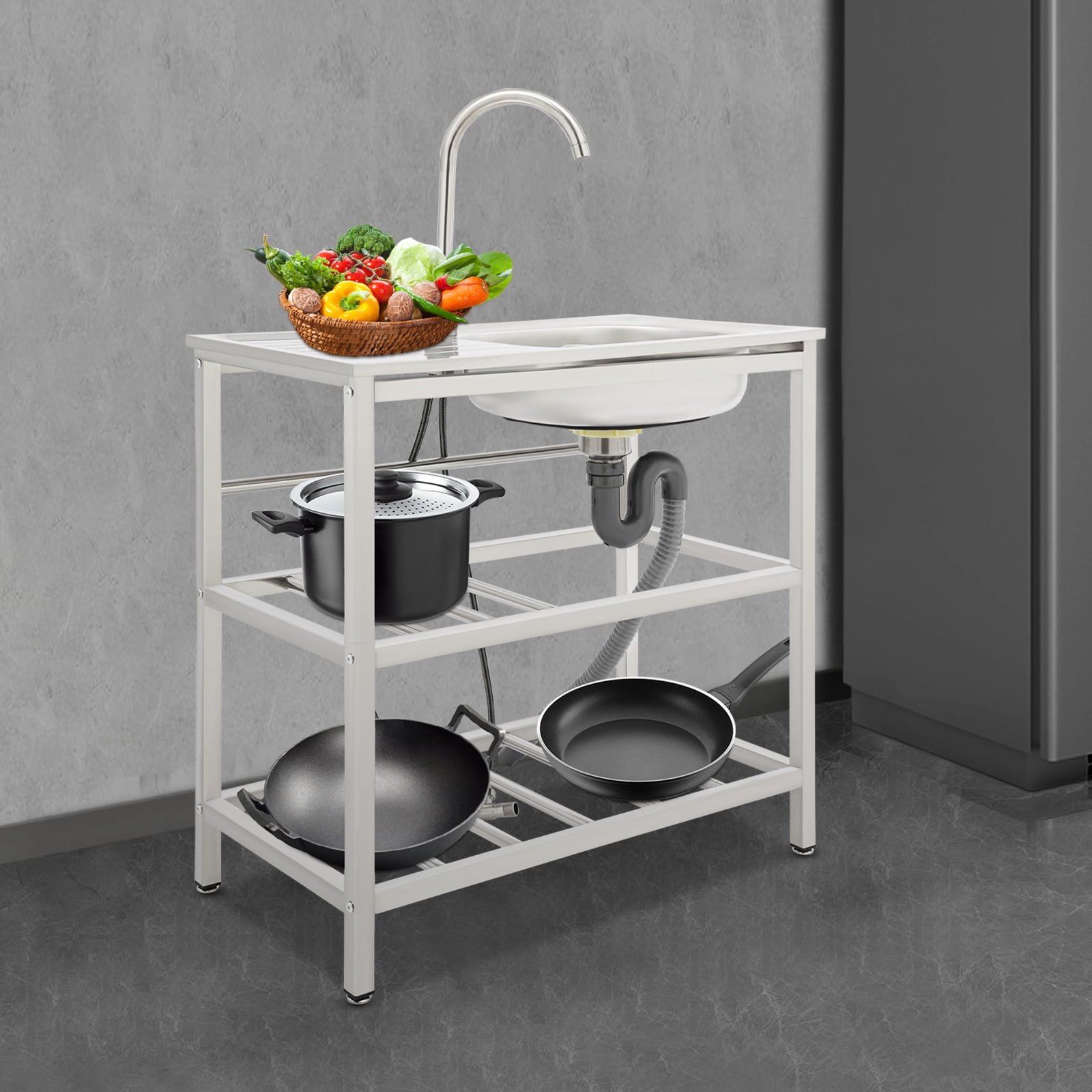 Peakora 3 in 1 Kitchen Utility Sink Stainless Steel Kitchen Sink with Faucet Freestanding Outdoor Kitchen Commercial Sink with Double-Layer Storage Rack
