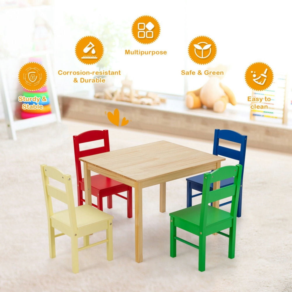 Barara King Toddler Table Chairs Set,Kids Play Table Set,5 pcs Kids Pine Wood Multicolor Table Chair Set