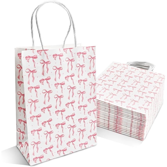Miguan 20 Pack Coquette Pink Bow Paper Gift Bags with Handles, Cute Ribbon Gift Wrap Shopping Bags for Goodie Candy Treat, Present Giving Bag for Wedding Birthday Party Valentine Mother'day Supplies