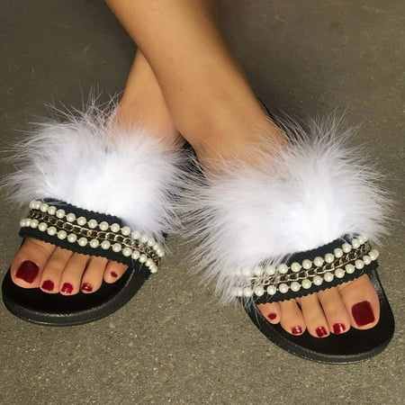 

Women s Summer Fashion One-word Plush Pearl Slippers Solid Color Flat Shoes