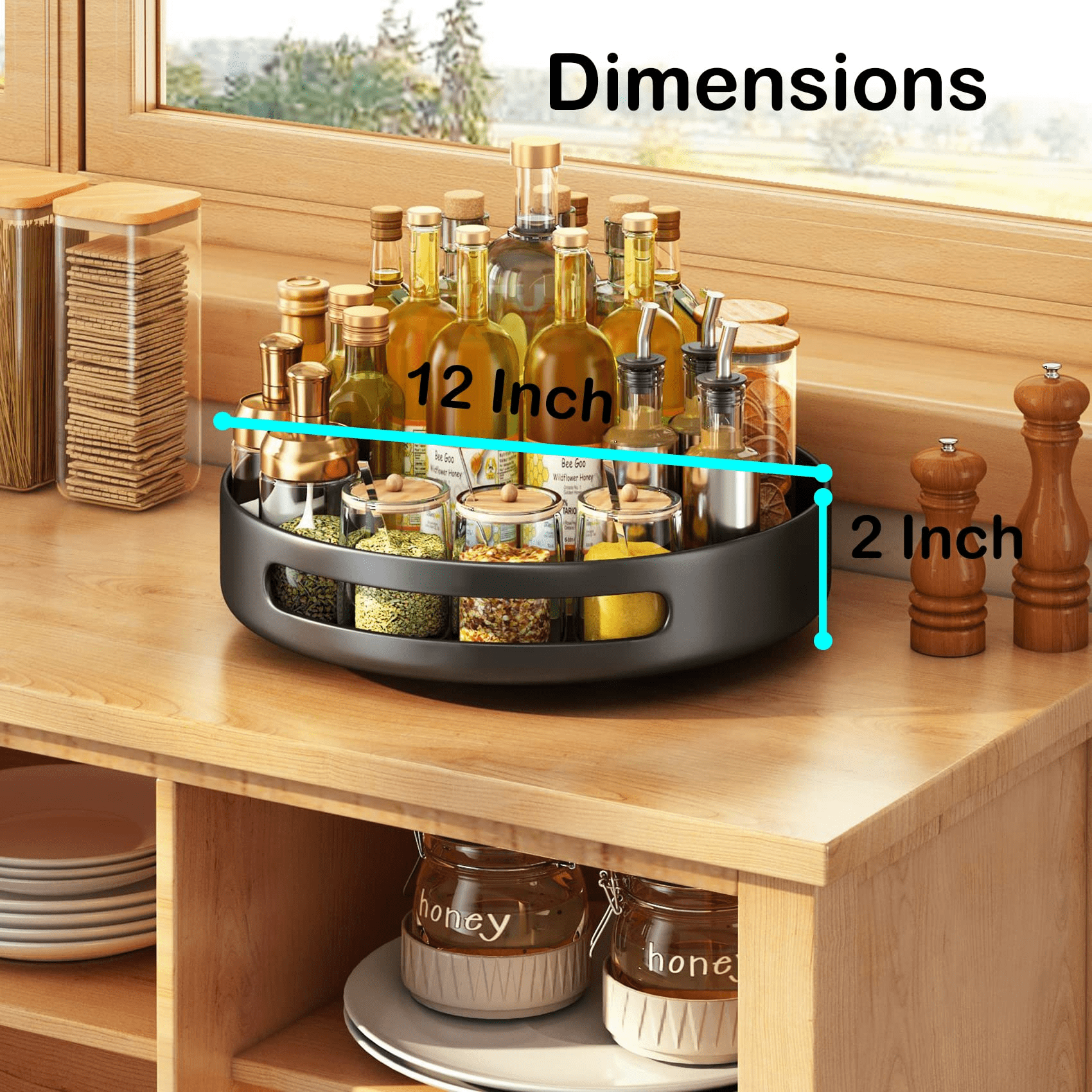Lazy Susans Organizer 2 Tier Metal Steel, Turntable Height Adjustable,  SAYZH Rotating Spice Racks for Pantry Cabinet Cupboard Table, 12 inch,  Black 