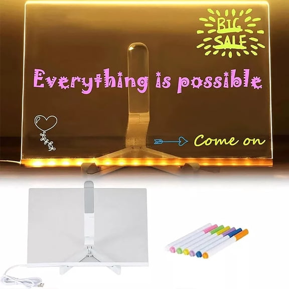 11.8 x 7.9 Inch LED Acrylic Dry Erase Board, 7 Color Markers & Stand, Clear Light Up Rewritable Message Board for Desktop