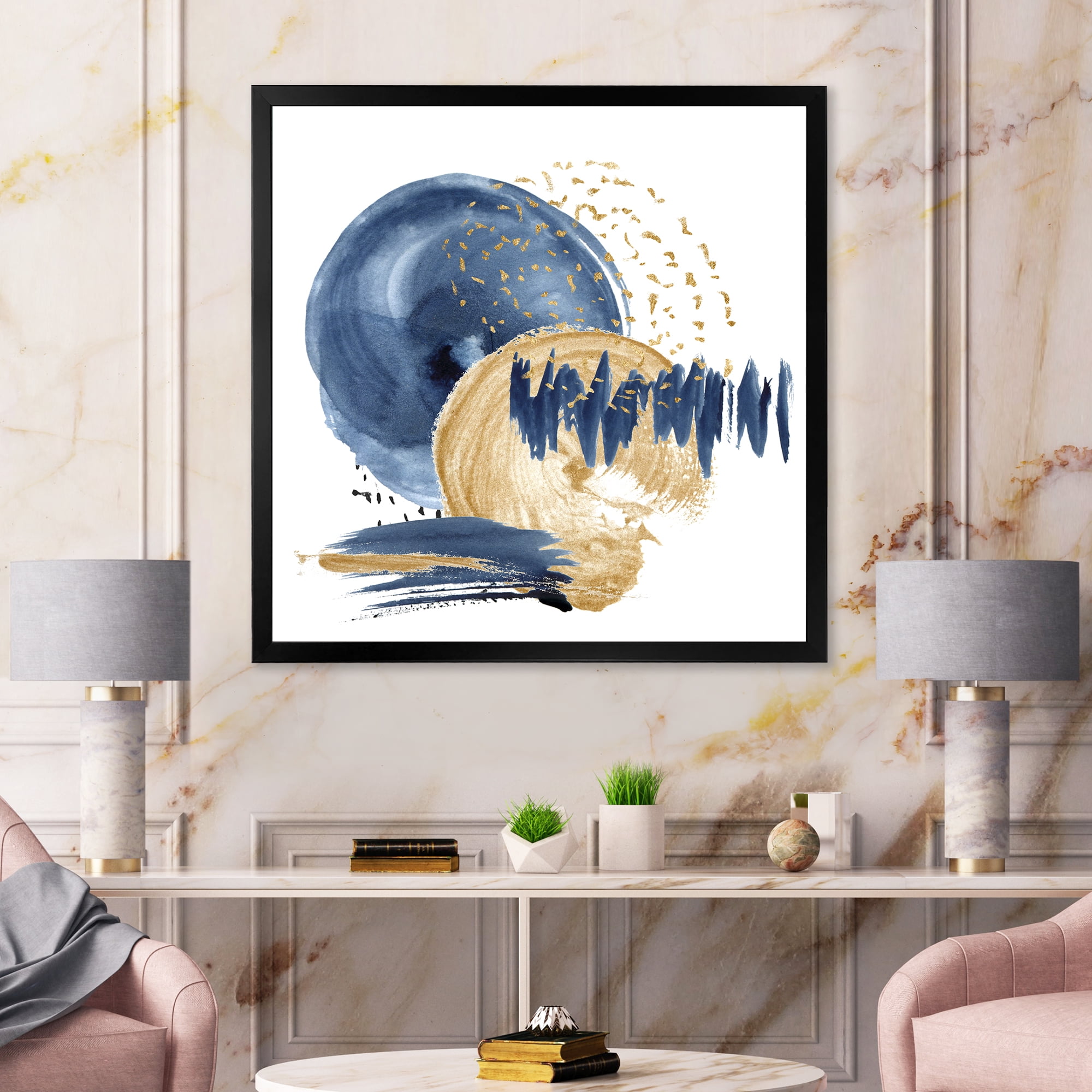 Designart 'Gold and Dark Blue Abstract Circle Ocean Texture' Modern Framed Art Print
