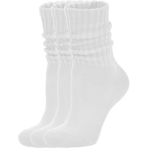 Women's Scrunch Crew Socks Retro 3-Pack Solid Cotton Boot Calf Socks Chunky Ribbed Cozy Slouchy Socks Size 5-11,White
