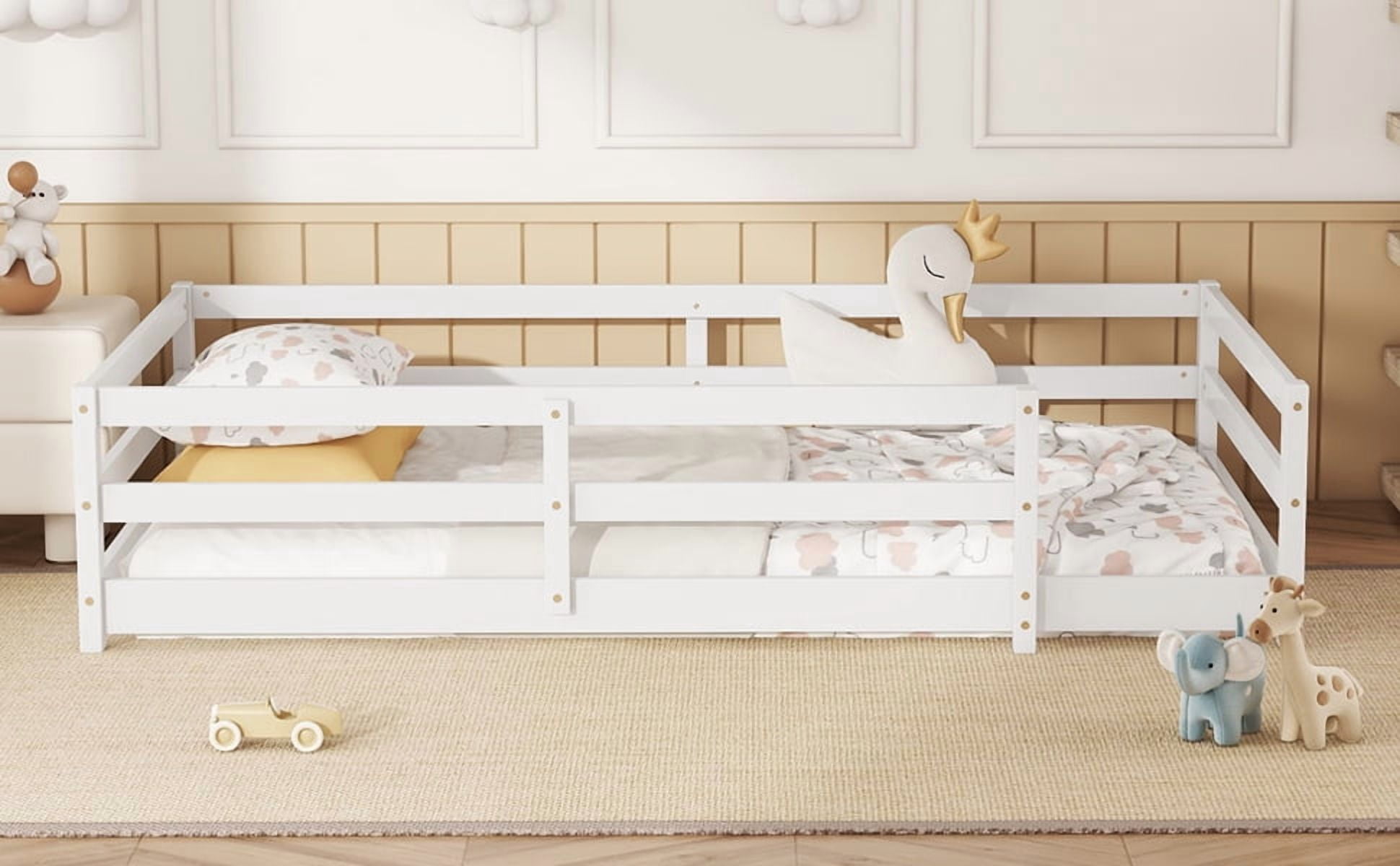 Leumius Twin Size Floor Bed,Montessori Floor Bed with Fence,Wood Floor Bed Frame Twin Size for Boys & Girls,No Box Spring Needed,White