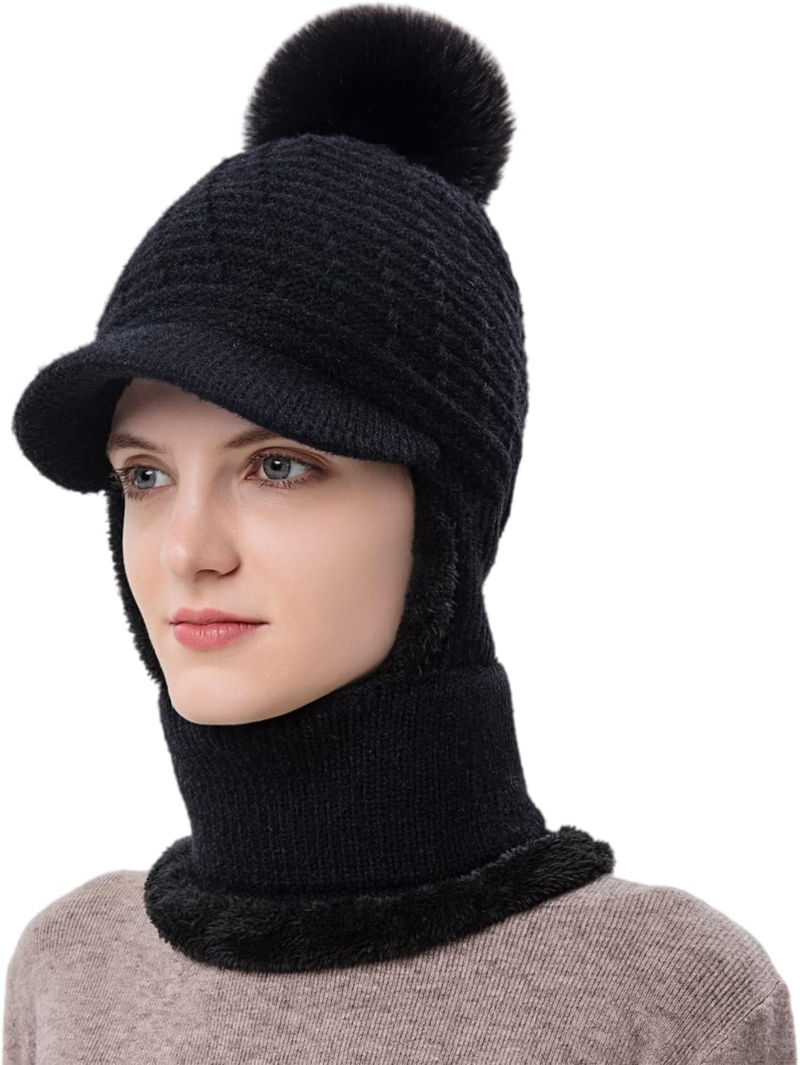 Zhengup Women Balaclava Visor One-Piece Skull Beanie Hat Neck Circle Scarf Ski Snow Winter Knit Fleece Cap Cold Weather