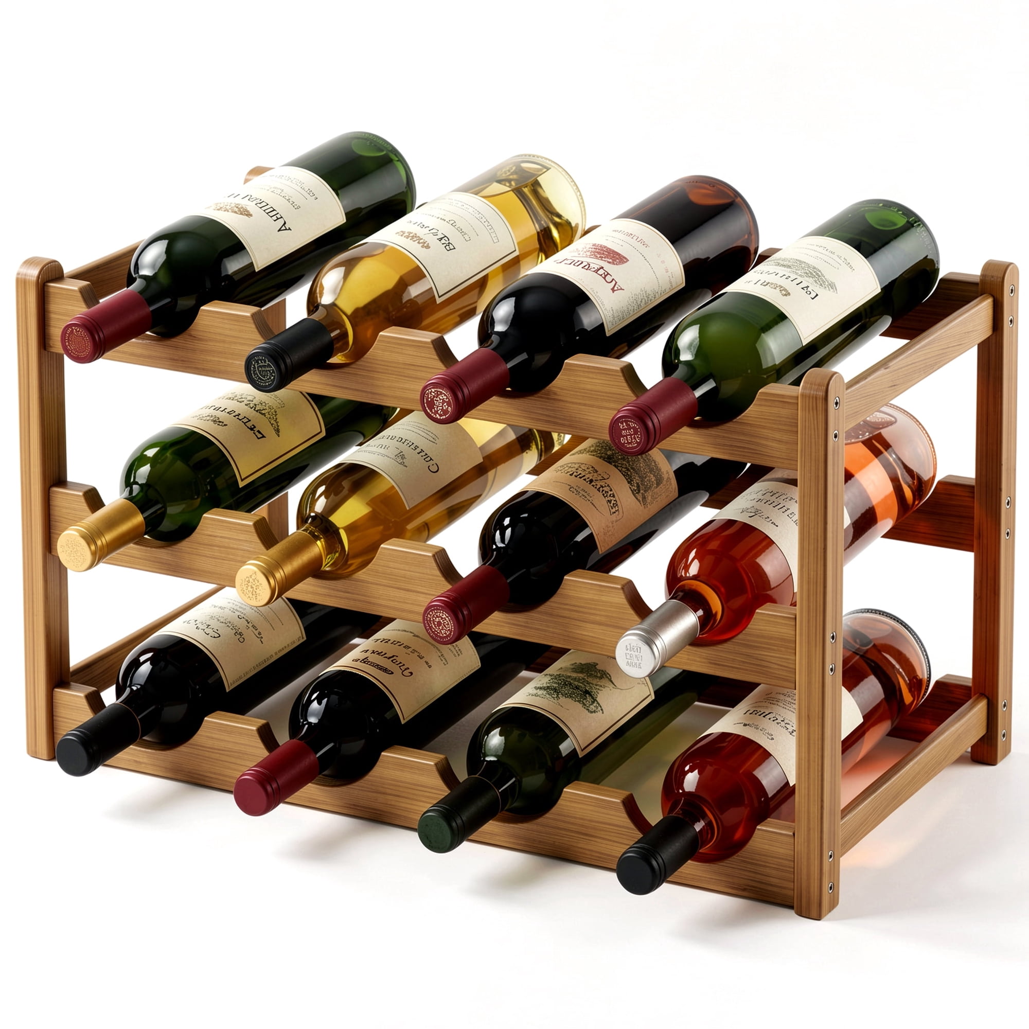 Riousery Bamboo Wine Rack, 3-Tier Freestanding Countertop Wine Bottle Holder, 12 Bottle Storage Rack, Sturdy & Easy Assembly, Brown