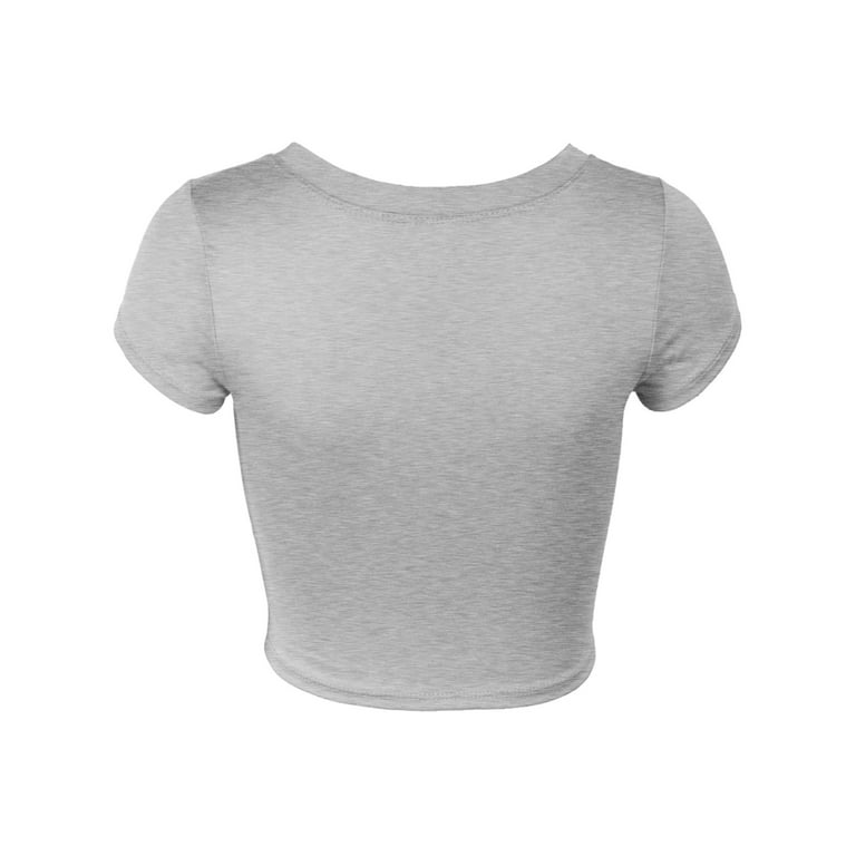 KOGMO Womens Short Sleeve Crop Top Solid Round Neck T Shirt 