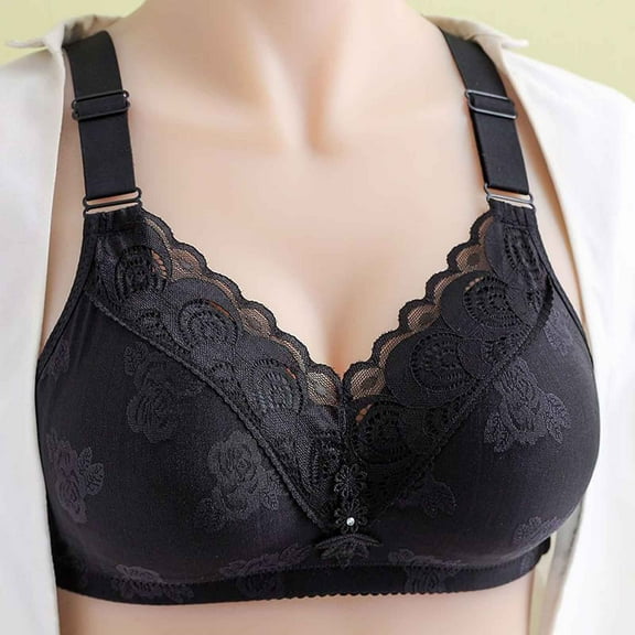 YWDJ Lace Bras for Women Plus Size Closure in Back Sleep Bras Wirefree Comfy Bras Adjustable Straps Full Coverage Push up Hollow Lounge Bras Padded Plus Size Comfortable Bras Wrap Solid Bras Black 2XL