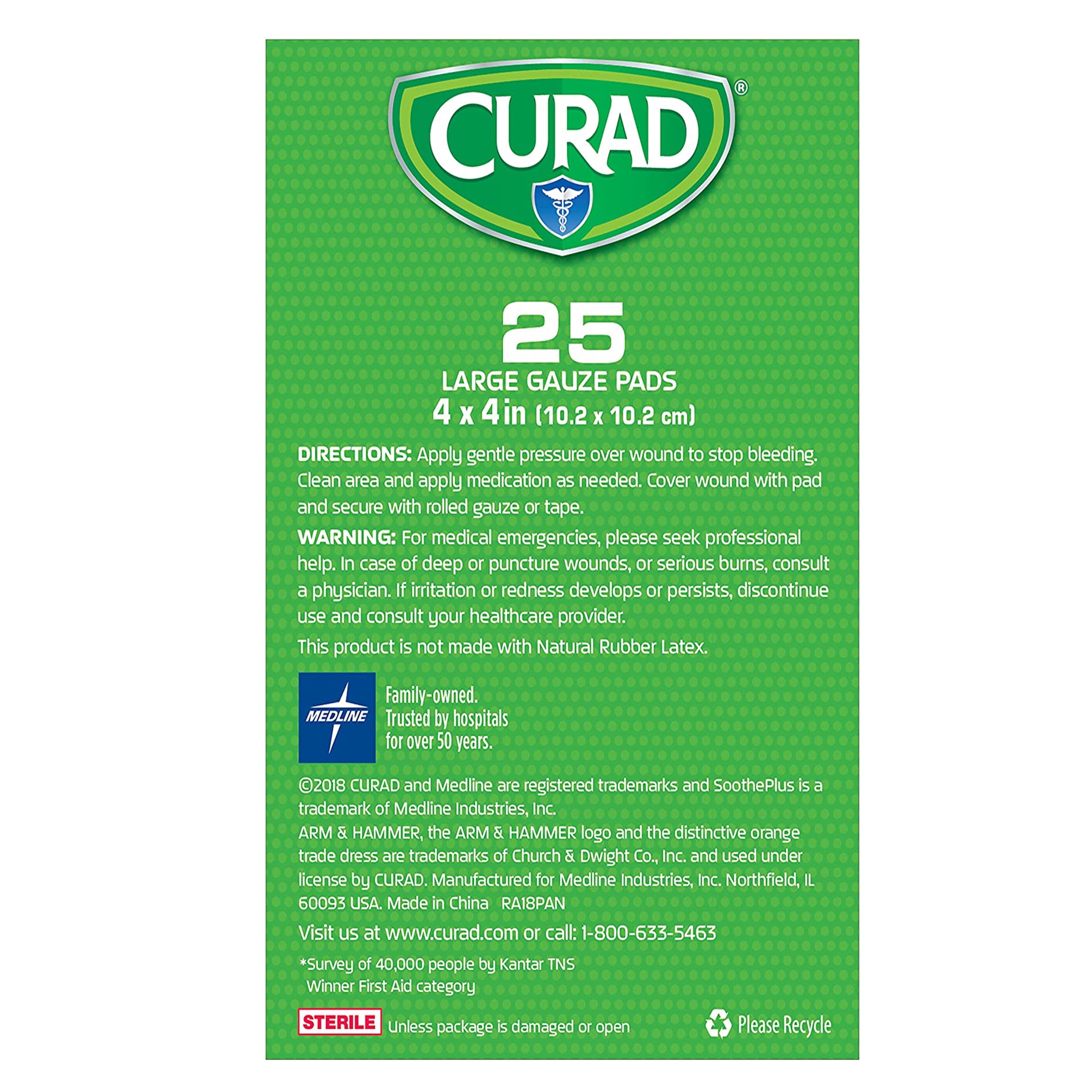 Curad SoothePlus Large Gauze Pads Eliminate Odor Bacteria, 25ct, 4-Pack