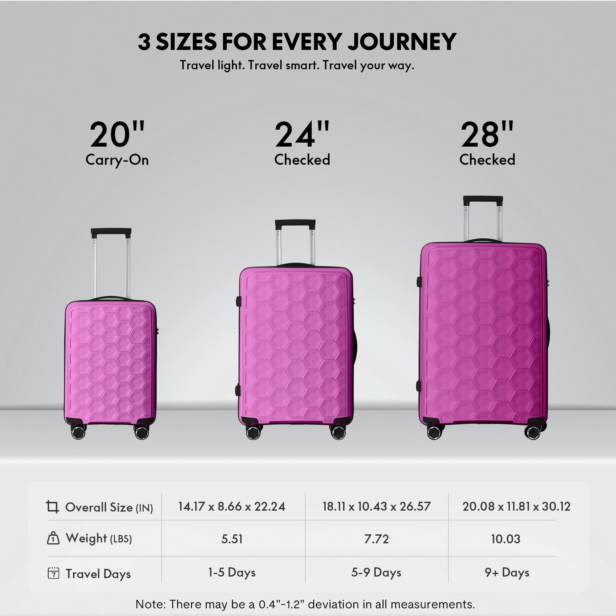3-Piece PP Hardshell Luggage Set, Lightweight Scratch-Resistant Suitcases with Silent Spinner Wheels & TSA Lock, Lavender Pink