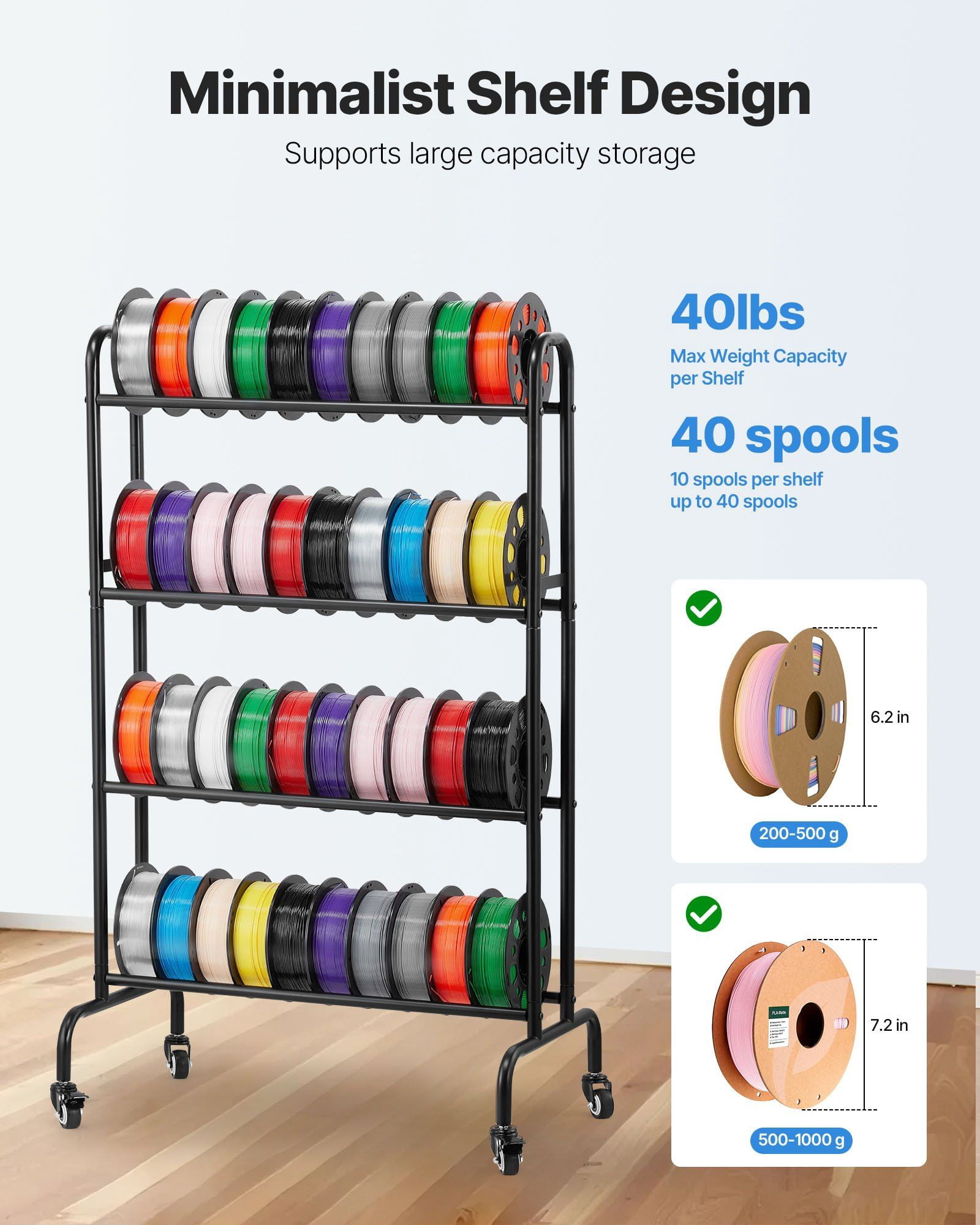 Large Capacity 3D Printer Filament Spool Holder, Stackable 4-Tier Rack for PLA, ABS, PETG Filament Storage