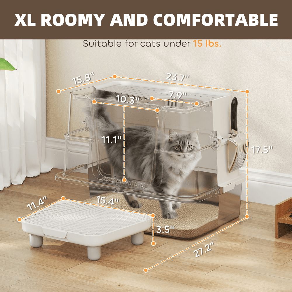 LUMAMIN Cat Litter Box, Stainless Steel Top and Side Entry Cat Box Enclosure with Scoop for Cats of Different Sizes, 33 lbs Capacity, 23.7" x 15.8" x 17.5", Light Gray