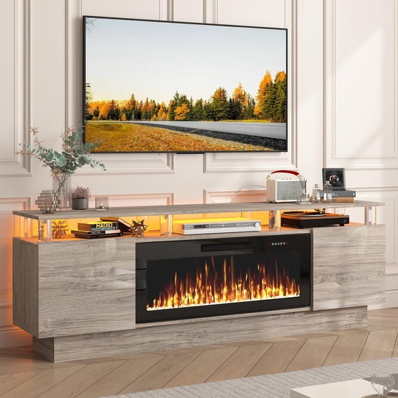 PUKAMI 70" Fireplace TV Stand with 36" Electric Fireplace, LED Light Entertainment Center with Storage, 2 Tier Modern Wood Media TV Console with Highlight Cabinet for Living Room, Grey