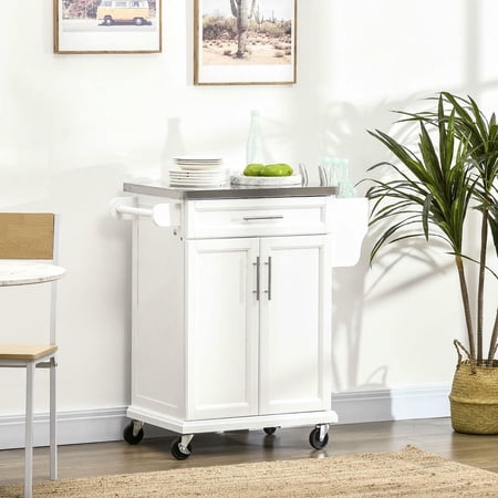 GVN Rolling Kitchen Table with Stainless Steel Countertop Drawer Towel Rack and Spice Rack Kitchen Island for Dining Room White