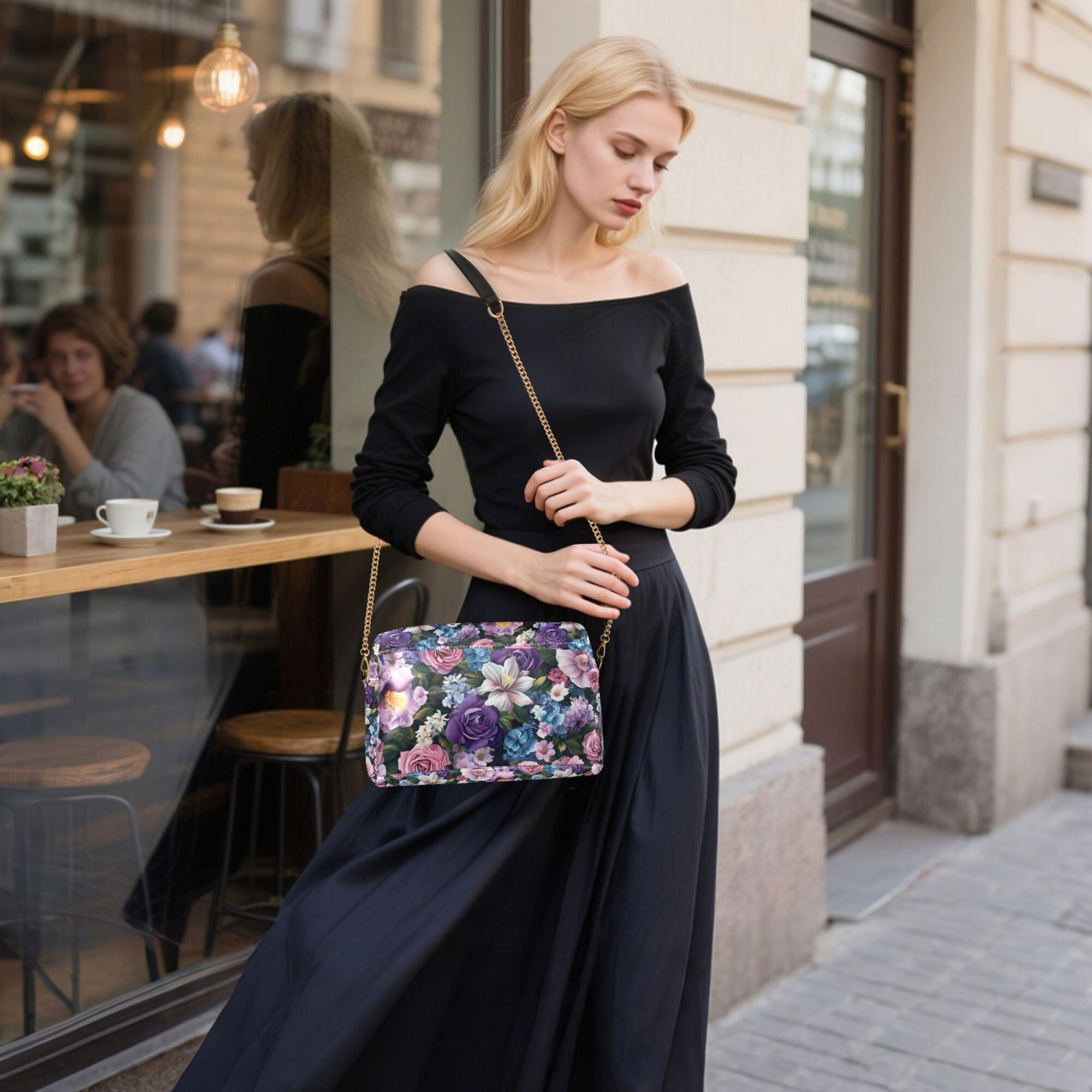 FORMRS Women Crossbody Purse with Chain Strap Vegan Leather Shoulder Handbag, Pink and Purple Flowers