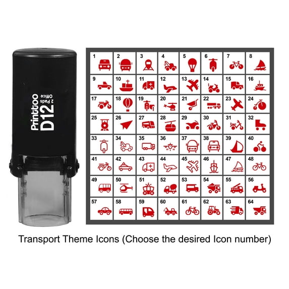Printtoo Personalized Transport Theme Icons Round Rubber Stamp Self Inking Stamper 12 mm-Red