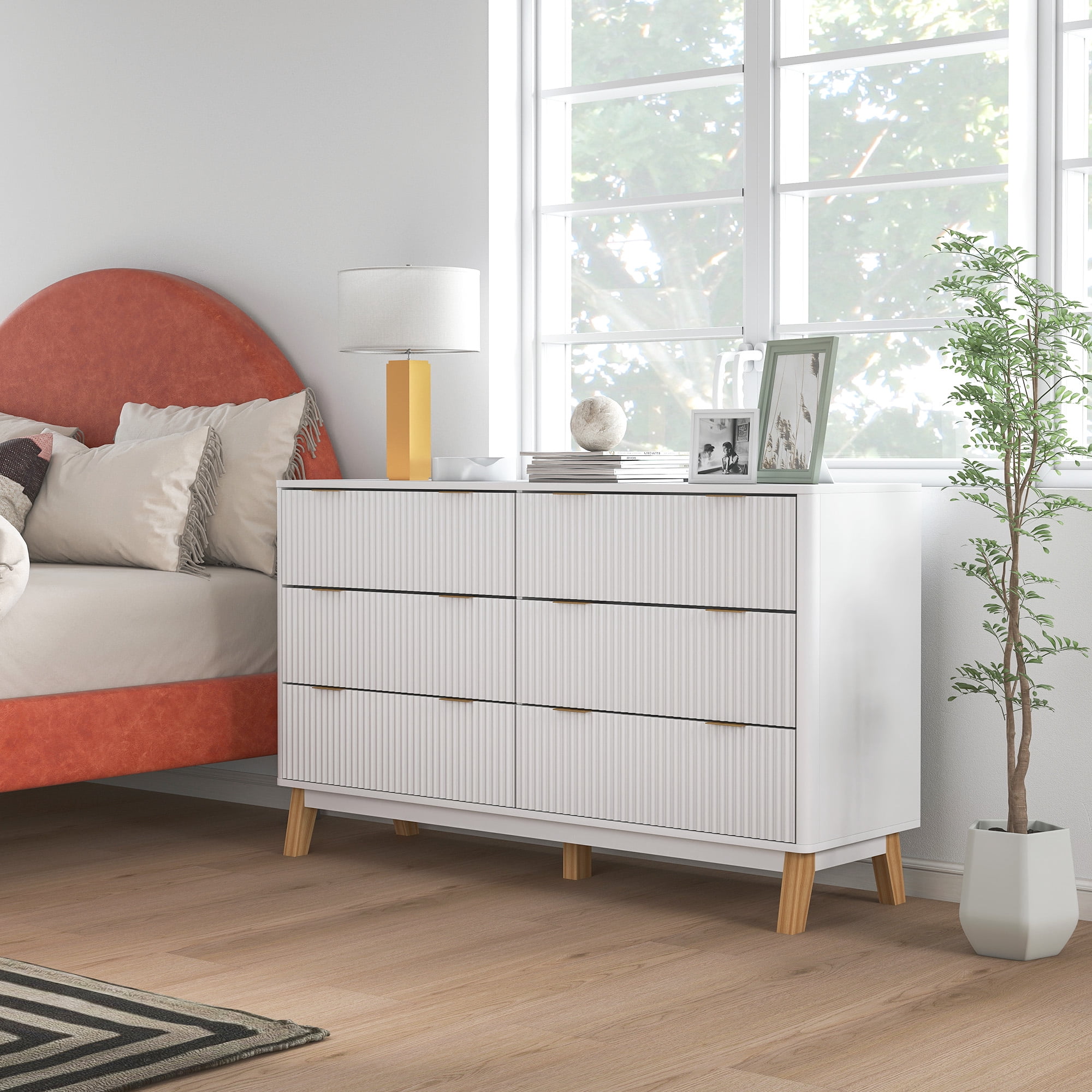HOMCOM Fluted Dresser for Bedroom with 6 Drawers, 54" Wide Chest of Drawers with Gold Finger Pulls and 5 Wood Legs, White