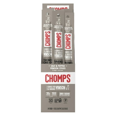 Chomps Sea Salt & Pepper Venison Jerky Meat Snacks, 10g of Protein (24 Count), Certified Gluten Free and Free From Top 9 Allergens