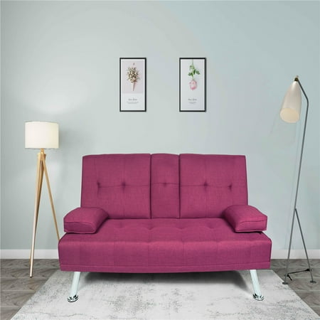 For Convertible Futon Sofa Bed Modern Sleeper With Removable Armrest And 2 Cup Holders Fold Up Down Recliner Couch 4 Metal Legs Twin Size Living Room For Convertible Futon Sofa Bed, Futon With Armrest