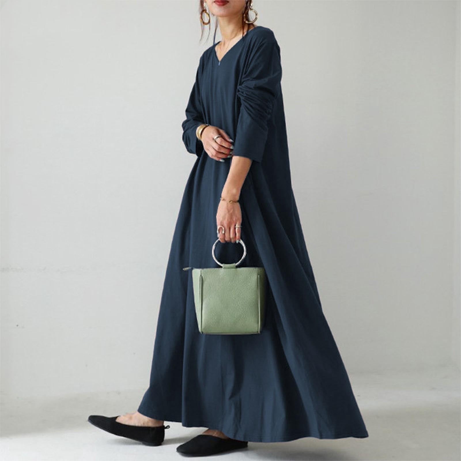 JGGSPWM Women's Long Sleeve Cotton Maxi Dress V Neck Side Pockets Casual Plus Size Daily Vacation Dresses Navy L