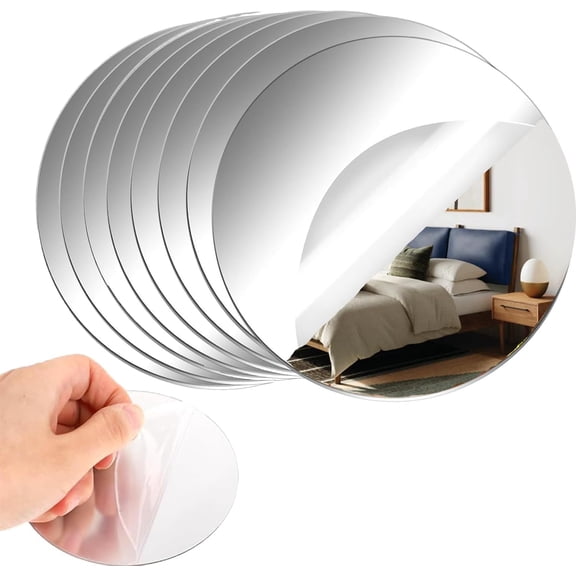 Zhuge 8-Pack 6-inch Acrylic Round Mirror Tiles, Self-Adhesive Mirror Stickers for Wall Decor, Crafts, Ideal for Living Room, Bedroom & Home Use (1mm Thickness, 20cm)